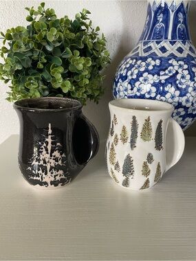 TAG Ceramic Mug set Black & Cream Tree and White with Green Tree hand warmer